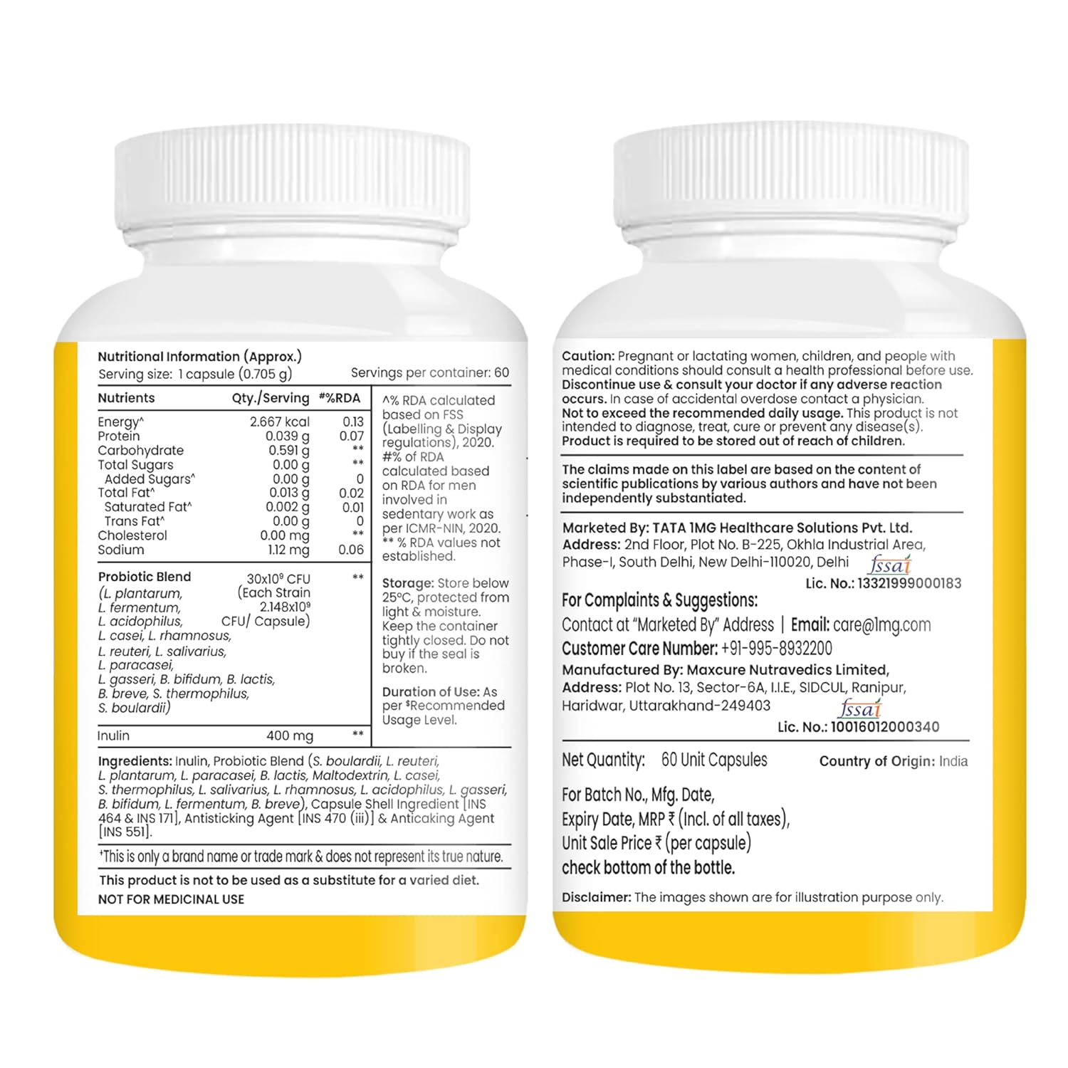 Tata 1mg Probiotics 30 Billion CFUs+ Capsules with Prebiotic Fiber- 60 Count | Gut Health & Digestion Support Supplement | For Men & Women