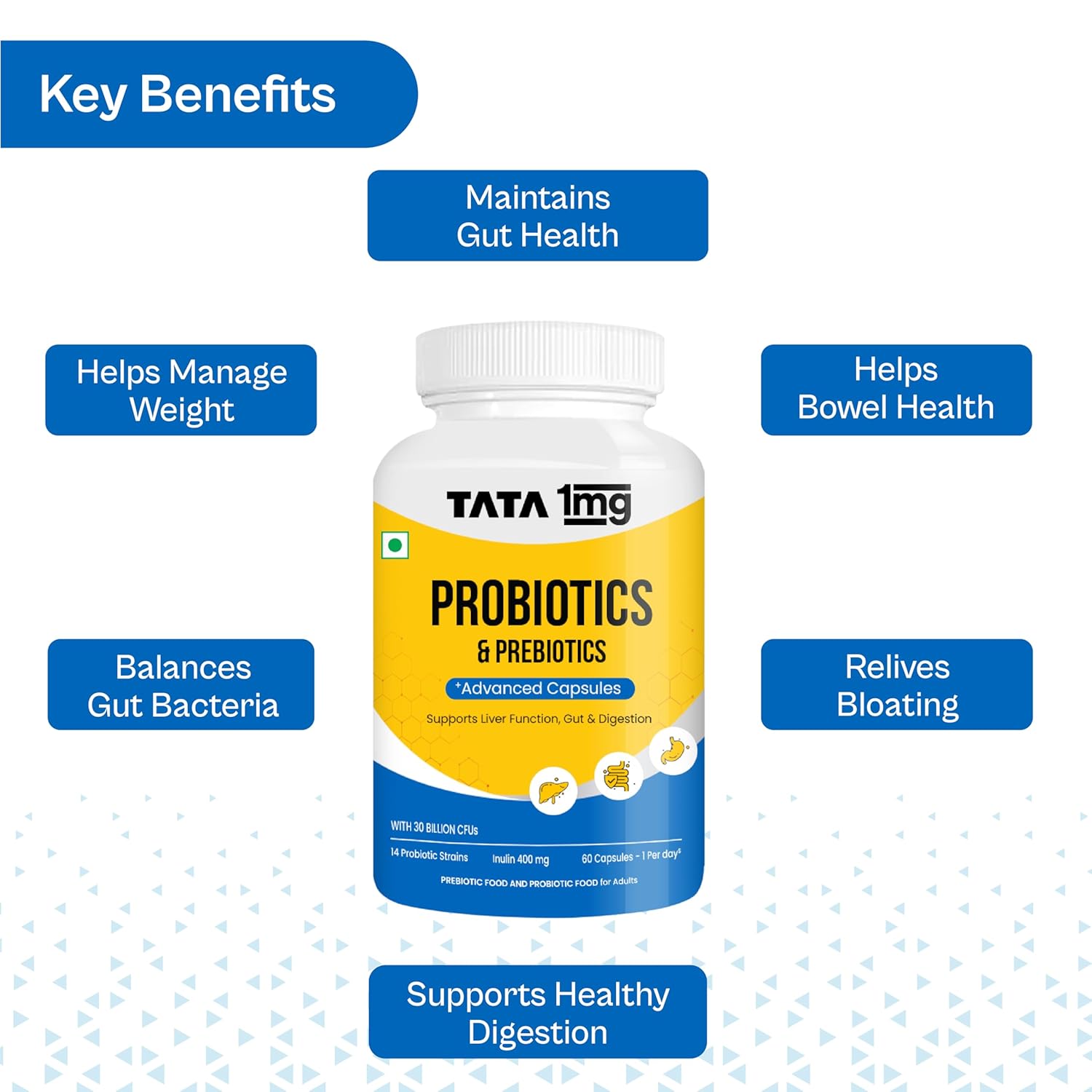 Tata 1mg Probiotics 30 Billion CFUs+ Capsules with Prebiotic Fiber- 60 Count | Gut Health & Digestion Support Supplement | For Men & Women