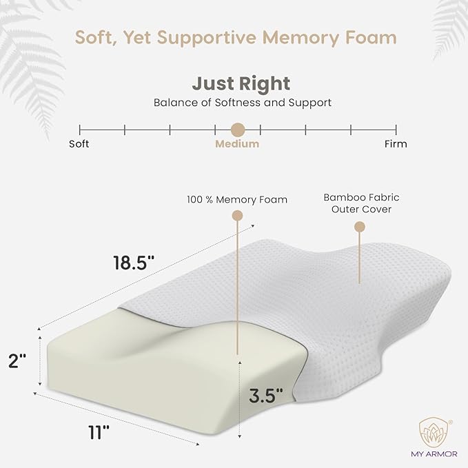 MY ARMOR Cervical Pillow for Neck Pain | 2 Years Warranty | for Spondylitis Neck & Shoulder Pain, Orthopedic Memory Foam Pillow for Sleeping, Regular Size - 18.5x11x3.5 Inch, White - Pack of 1