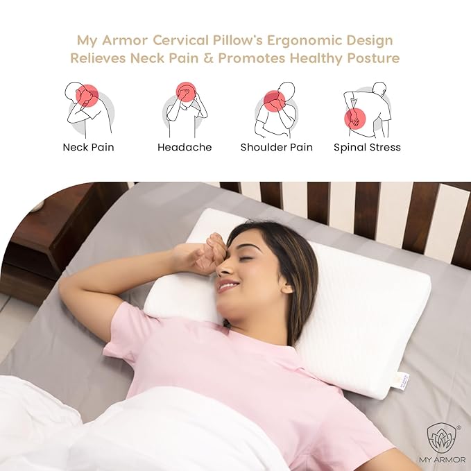 MY ARMOR Cervical Pillow for Neck Pain | 2 Years Warranty | for Spondylitis Neck & Shoulder Pain, Orthopedic Memory Foam Pillow for Sleeping, Regular Size - 18.5x11x3.5 Inch, White - Pack of 1