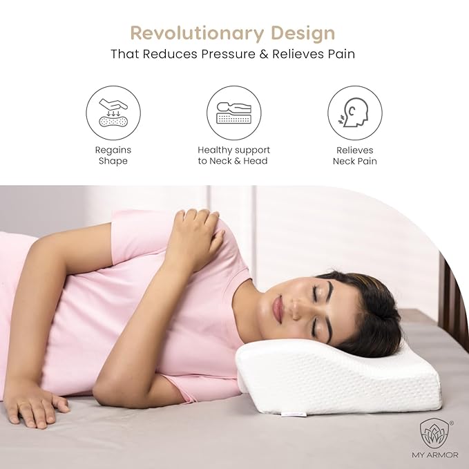 MY ARMOR Cervical Pillow for Neck Pain | 2 Years Warranty | for Spondylitis Neck & Shoulder Pain, Orthopedic Memory Foam Pillow for Sleeping, Regular Size - 18.5x11x3.5 Inch, White - Pack of 1