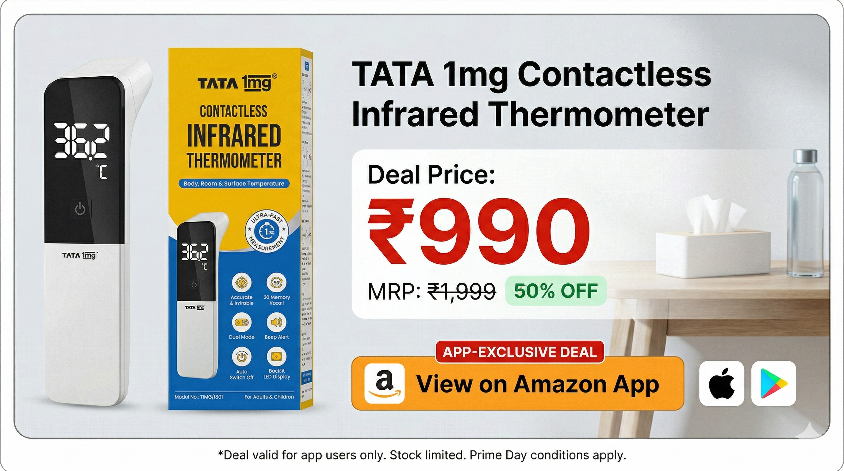 Tata 1mg Contactless Infrared Thermometer | Forehead, Ear & Object Temperature | 1-Second Fast Reading | Fever Alarm | Backlit Display | Medical Device
