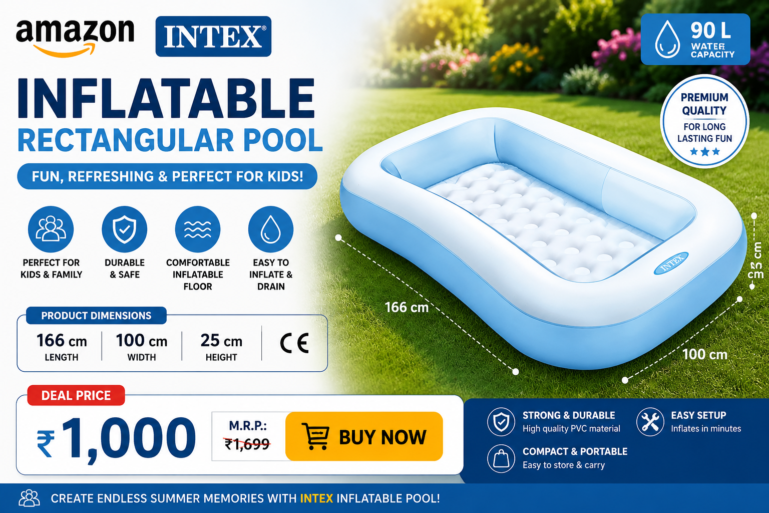 Intex Inflatable Rectangular Pool, Multi Color