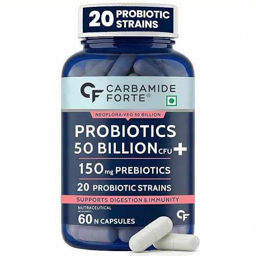 Carbamide Forte Probiotics Supplement 50 Billion CFU Gut Health Supplements with Probiotic | Gut Cleanse with Prebiotics and Probiotics – 60 Capsules