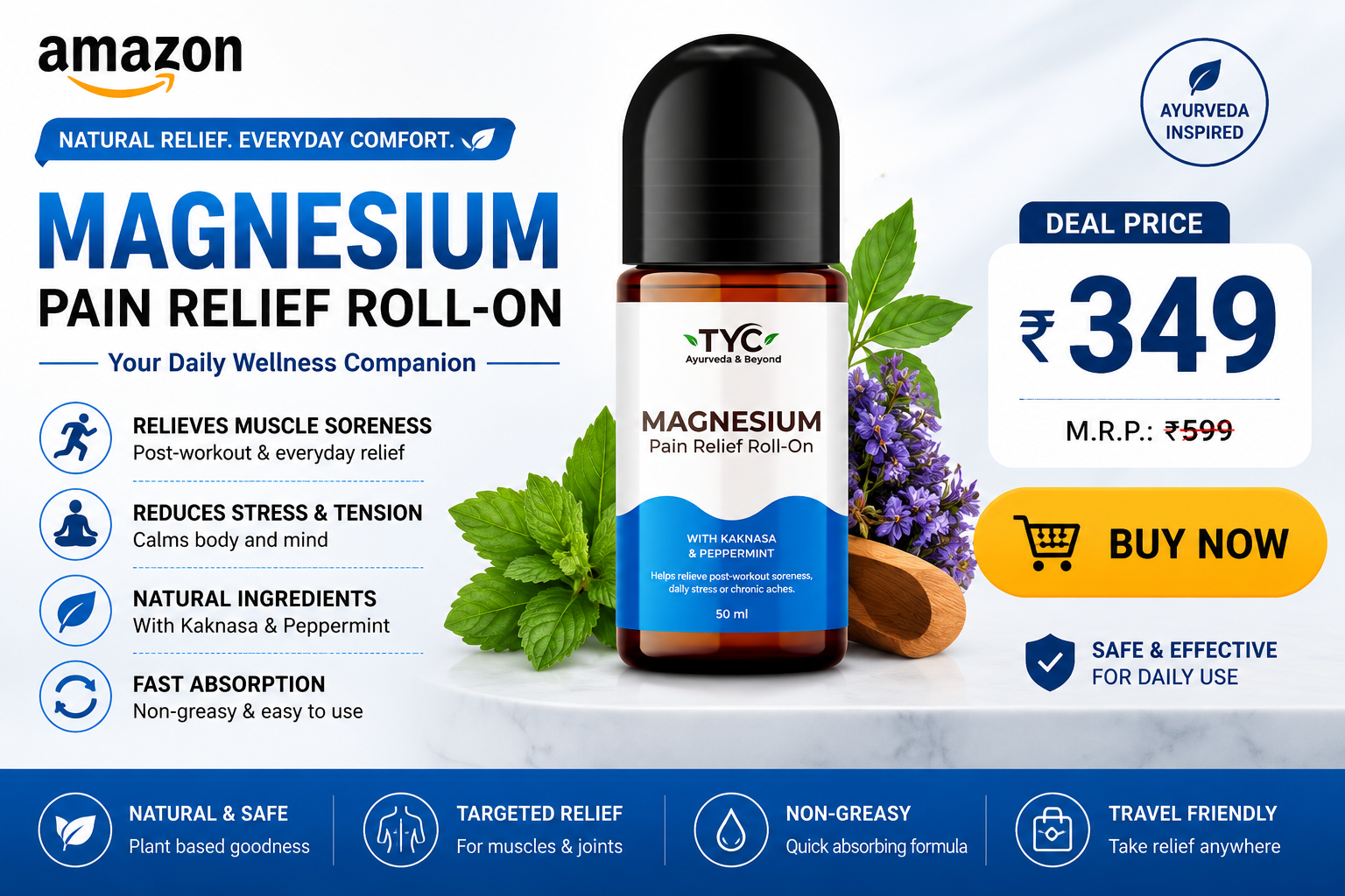 TYC - Trust Your Choice Magnesium Pain Relief Roll-On, Instant Relief for Back, Joint, Knee, Neck Pain, Muscle Stiffness and Sports Injuries with Natural Ingredients, Pack of 1 (50ml)